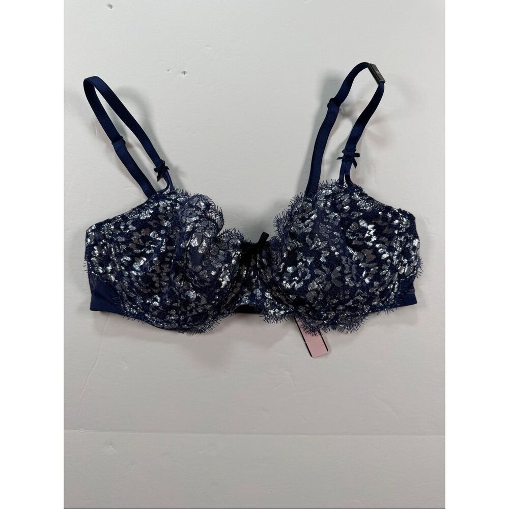 Victoria’s Secret Dream Angels Lace Push Up Bra 34C Navy Silver Shimmer NWT